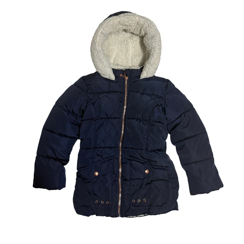 Kensie Girl Puffer Jacket Girls 6X Navy Blue Excellent Sherpa Lined Hooded Coat